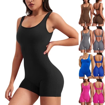 Damen Ärmellos Jumpsuit Einteiler Kurzhose Rückenfrei Romper Sport Fitness Yoga - Bild 1 von 4