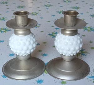 Vtg Milk Glass Hobnail Silver Metal Candle Stick Holders Farmhouse Cottage Decor - Picture 1 of 13