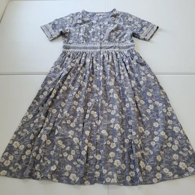 Fabindia Dress Womens XL Blue Floral Cottagecore Cotton Button Front SS Midi - Image 1 of 4