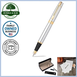 Fountain Pen Metal Chrome Gold Trim Medium Nib Refillable Gift Box - Picture 1 of 4