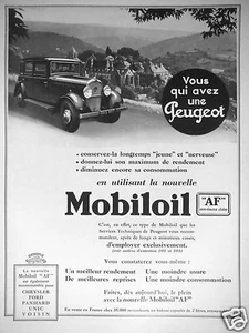 PUBLICITE DE PRESSE 1933 MOBILOIL RECOMMANDÉ POUR PEUGEOT PANHARD FORD VOISIN - Picture 1 of 1
