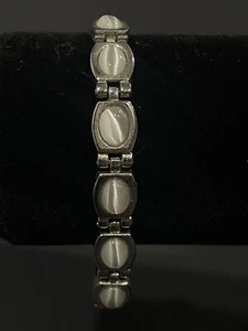 Bellissimo Bracciale Tono Argento Bianco Iridescente Opalescente Cabochon Link Occhio di Gatto - Foto 1 di 11