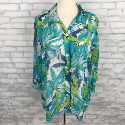 Camisa Blusa Maggie Barnes Azul Semi Transparente 4X Volantes Mangas 3/4 Artística Fluida Foto 1 de 4