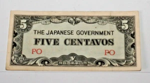 Philippines WWII Japanese Government Occupation Money  Five Centavos PO - Picture 1 of 2