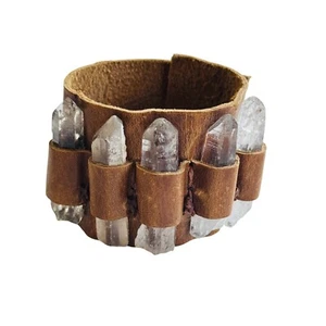 Crystal Quartz point LEATHER WRAP BRACELET chunky BOHO Artisan beads Beaded rare - Picture 1 of 7