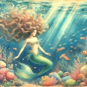 Bloque de tela de algodón artesanal y edredón Mermaid Dreams #3 Ocean Collage 8x8 - Imagen 1 de 1