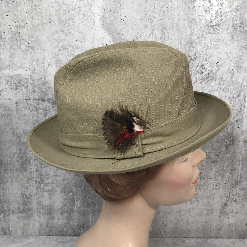 VTG STETSON Fedora Hat Waxed Cotton Tin Cloth Tan Grey W/ Feather 21.25” - Image 1 of 4