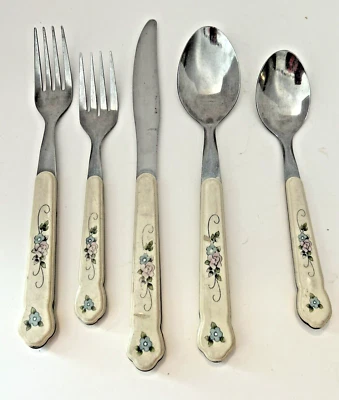 Vintage Pfaltzgraff TEA ROSE Stainless Steel 5 Piece Silverware Replacement Set - Image 1 of 4