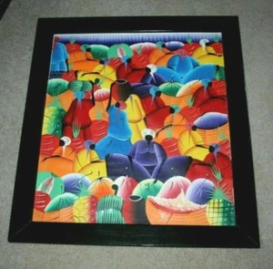 Pintura al óleo abstracta del mercado de frutas haitiano FIRMADA KIKA? KIKO? 25 x 28 modernismo - Imagen 1 de 9