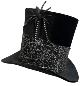 Tall Top Hat Black Velvet Silver Cobweb Spider Web Goth Vampire Steampunk Horror - Picture 1 of 5