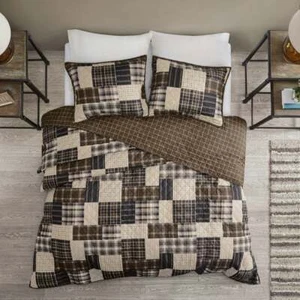 NEW! ~ COZY MODERN BROWN BLACK TAUPE GREY TAN PLAID LODGE LOG CABIN QUILT SET - Picture 1 of 5