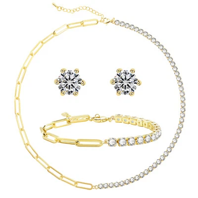 Conjuntos de joyería de tenis con cadena de clip de circonita cúbica de 5A enchapados en oro de 14K para mujer Foto 1 de 4