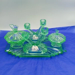 Bagley Art Deco Uranium Glass Vanity Set Bedford Made In England Vintage - Bild 1 von 7