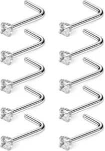 10-40PCS 18G Surgical Steel Diamond CZ Nose Stud Rings L Shaped Piercing Jewelry - Picture 1 of 12