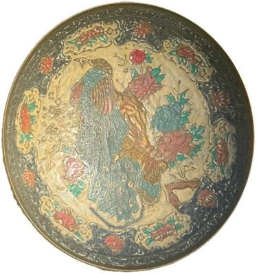 Brass Enamel Peacock Bowl  Pedestal Trinket Dish Made in India 8" Boho Cloisonne - Image 1 of 4