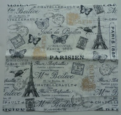 Fabric Cotton Picture Paris Birds Butterflies  Size 7 1/2" L  x 7 3/4" W - Image 1 of 4