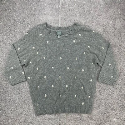 Saks Fifth Avenue Womens Sweater Skull Studded Size Medium Gray 3/4 Sleeve 3D - Image 1 of 4