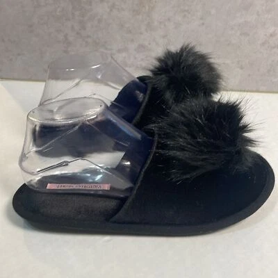 Victoria’s Secret Black Velvet Pom Pom Slip-On Slippers New Without Tags Size M - Image 1 of 4