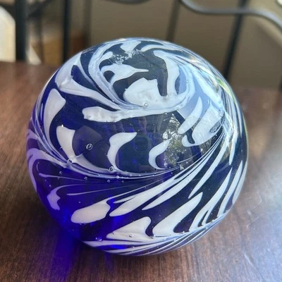 HAND BLOWN PAPERWEIGHT Round Glass COBALT BLUE with White Feathering 3 1/2"  - Image 1 of 4