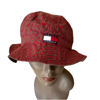 Chapéu balde xadrez cáqui logotipo reversível unissex pequeno 20"" vintage Tommy Hilfiger - Imagem 1 de 4