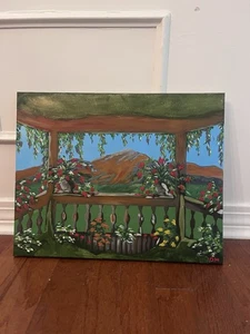 FOLK BALCONY FLOWERS MOUNTAIN PEAK LANDSCAPE SIGNED CANVAS - Picture 1 of 6