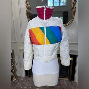 VTG Mountain Goat White Stag Ski Jacket Puffer Rainbow Stripe Small XS Rare - Picture 1 of 16