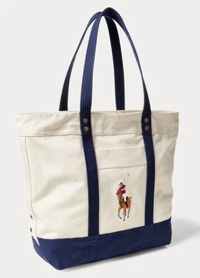NWT Polo Ralph Lauren Navy Cream Embroidered BIG PONY Zip Top Canvas Tote Bag - Image 1 of 4