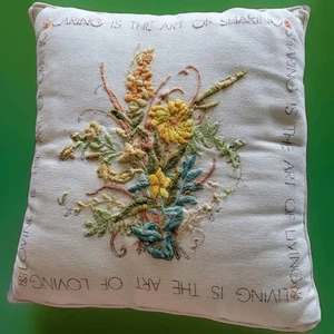 Throw Pillow Embroidered Flowers Quote Lace 14x14 Ivory Cottagecore Vtg Flaw - Picture 1 of 6