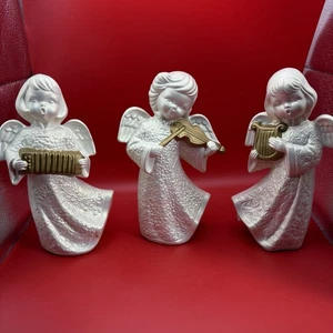Set of 3 Vintage Ceramic Angels Figurines Playing Instruments with Gold Wings  - Picture 1 of 5