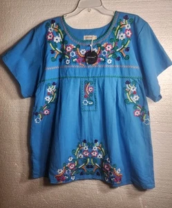 YZXDORWJ Embroidered  Flowers Blouse Top 3XL Blue Mexican Peasant Cotton  Spring - Picture 1 of 14