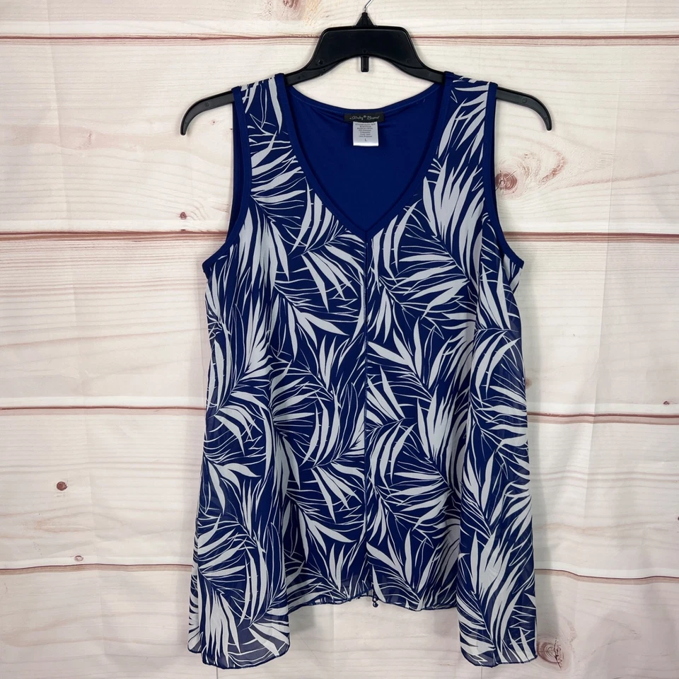 Top de mujer marca Slinky L azul con estampado de palma fronda sin mangas de gasa túnica en capas cuello en V Foto 1 de 4