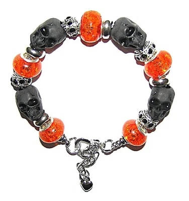 Halloween Bracelet Gothic With 3D Black Skulls, Orange & Crystal European Charms - Image 1 of 4