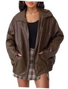Womens Oversized Leather Jackets Faux Suede Fall Fashion Medium Brown - Picture 1 of 7