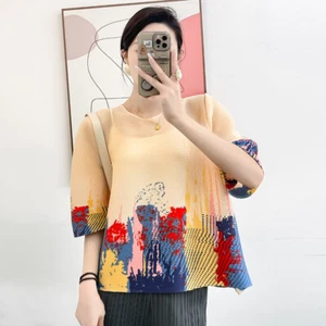 2024 Wrinkle Spring Printed Top Mom's Trumpet Sleeve Fashion T-shirt - Picture 1 of 12