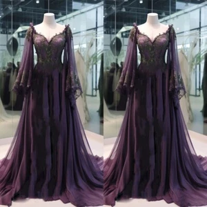 Purple Gothic Wedding Dresses Long Sleeves V Neck Lace Appliques Bridal Gowns - Picture 1 of 9