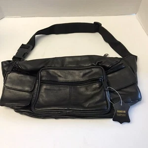 New Black Leather Unisex Bag Camping Hiking Fanny Pack Adjustable Waist Belt - Picture 1 of 9