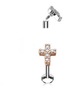 Lip Monroe Stud 16 Gauge 1/4" Cross Gemmed 5mm Internal Thread Rose Gold IP  - Picture 1 of 3