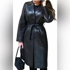 Gabardina larga grande vintage Ortalioni para mujer negra 100 % cuero con botones - Imagen 1 de 15