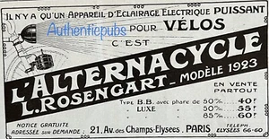 PUBLICITE ALTERNACYCLE LAMPE DE POCHE CYCLE VELO ROSENGART DE 1922 FRENCH AD PUB - Picture 1 of 1