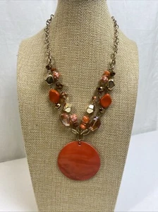 Orange Shell Large Statement Necklace Glass And Acrylic Beads Gold Tone Chain - Picture 1 of 11
