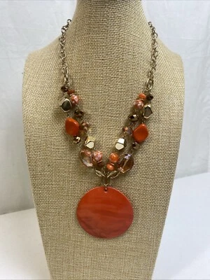 Orange Shell Large Statement Necklace Glass And Acrylic Beads Gold Tone Chain - Image 1 of 4