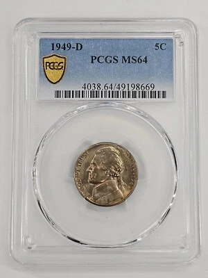 1949 5 Cent PCGS MS64 Toned Denver Jefferson Nickel - Image 1 of 4