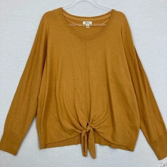 Novo Style & Co Amarelo Mostarda Gola Redonda Gravata Frente Apertada Malha Suéter Leve GG - Imagem 1 de 4