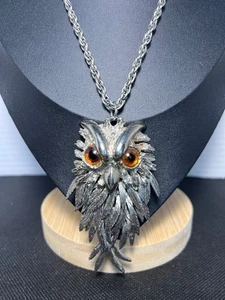 Vintage Large Owl Pendant Necklace Silver Tone w/ Amber Eyes – Statement Jewelry - Picture 1 of 8