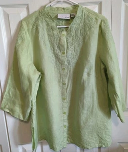 Lucy & Laurel 100% Linen Button Tunic PLUS 1X Embroidered Mint Green BOHO Beachy - Picture 1 of 9