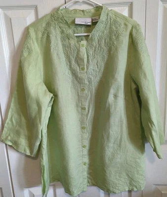 Túnica Lucy & Laurel 100 % lino con botones PLUS 1X bordada verde menta BOHO playera Foto 1 de 4