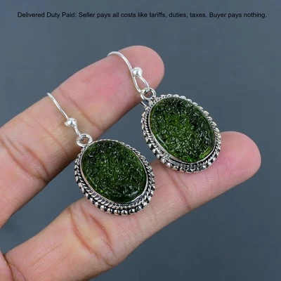 Oferta de Halloween 925 Plata Ovalada Moldavita Piedra Vintage Pendientes Colgantes Joyería Foto 1 de 4