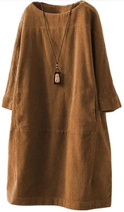 Women's Cotton Tunic Dress Corduroy Vintage Long Sleeve Size 4XL - Picture 1 of 5