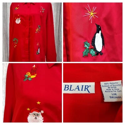 ВИНТАЖНЫЙ Рождественский вышитый Санта Пингвин Grandmacore праздник блузка рубашка Топ - Изображение 1 из 4