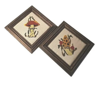 Set Of 2 Crewel Hand Stitched 1970S Frog Mushroom Psychedelic Framed Artwork VTG - Image 1 of 4